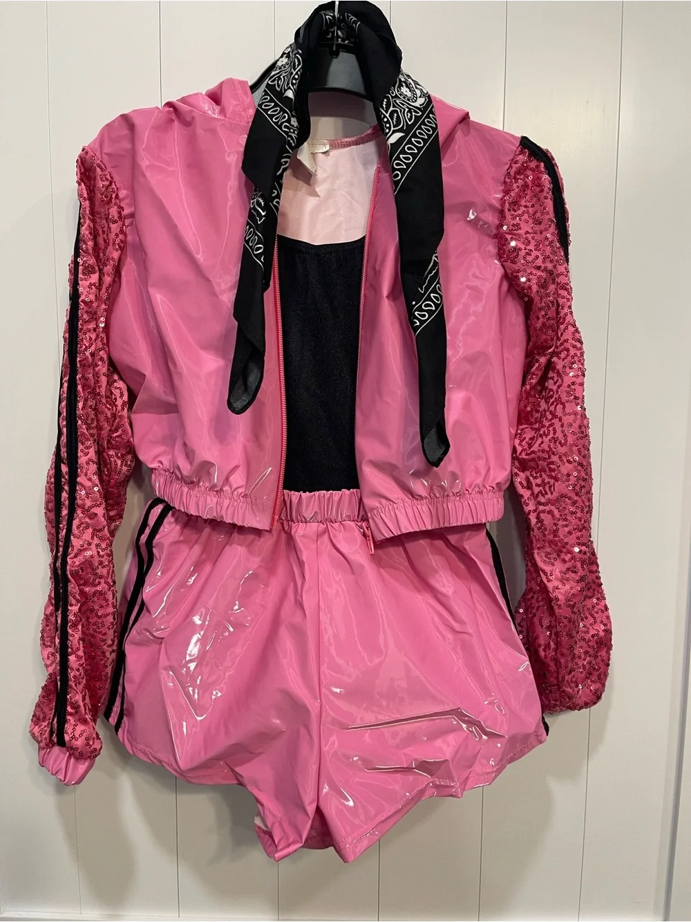 Weissman Hot Pink Sequin Sleeve Hooded Dance Set hip hop child medium